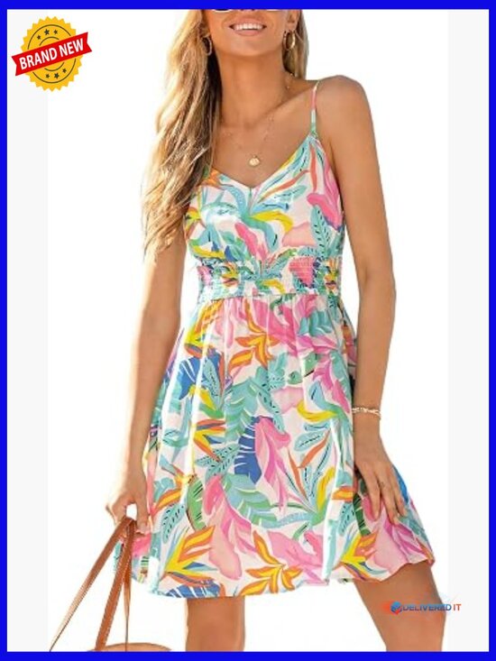 Dresses & Skirts - Tropical Floral Mini Sundress Smocked Bodice Adjustable Spaghetti Strap Boho